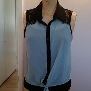 NWOT Forever21 Teal chiffon/lace collar button top